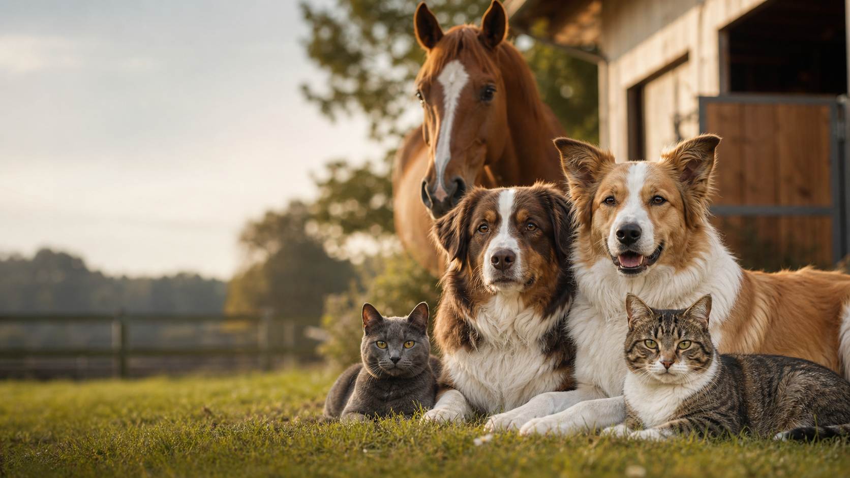 Hund, Katze und Pferd in natürlicher Umgebung